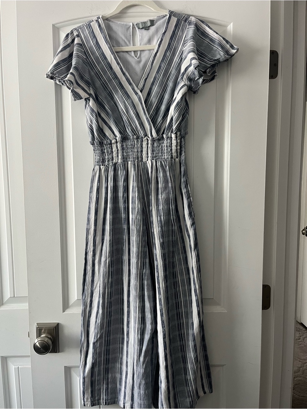 J Cee Navy & White Striped V-Neck Smocked Jumpsuit